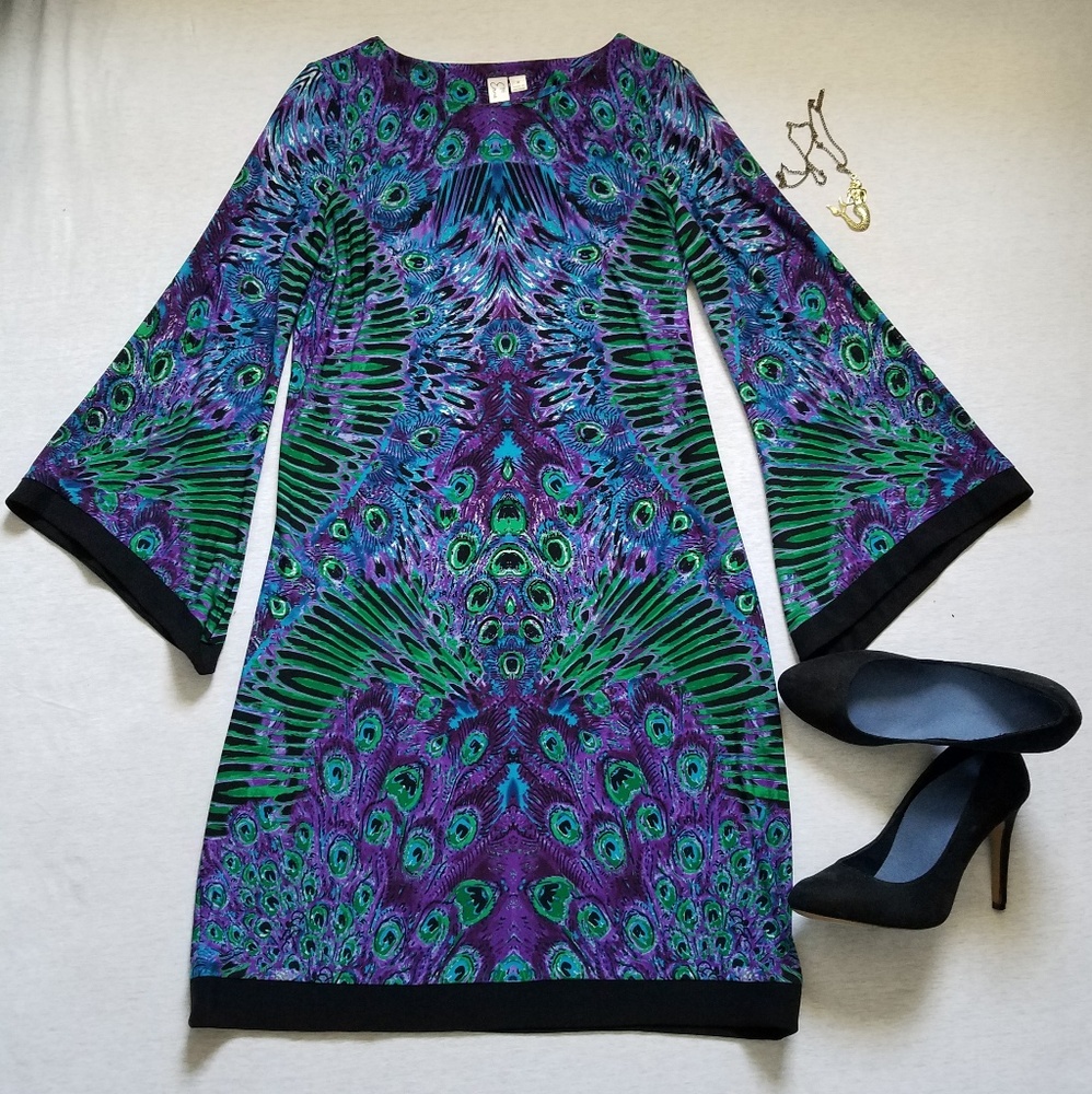 Emma & Michele shift dress peacock bell sleeves M